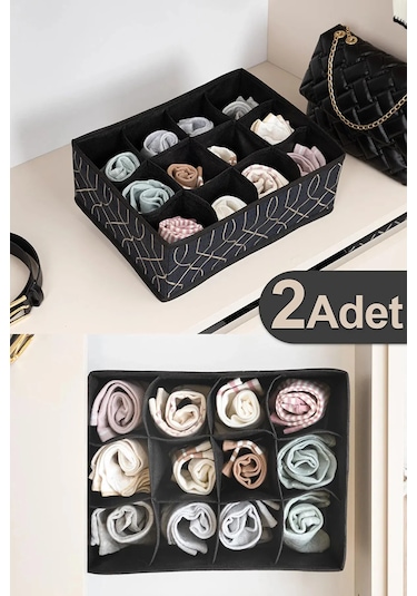 2 Adet 12 Gözlü Çekmece Düzenleyici Cepli Organizer 35x25x12 Siyah