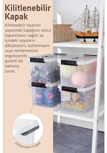 3'lü Saklama Kabı Yatay Dikdörtgen Kilitli Kapaklı Çok Amaçlı Oyuncak Saklama Kutusu 5 Litre Şeffaf