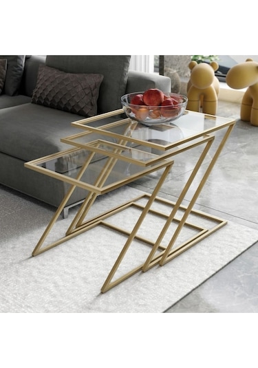 Misto Z Şekil Camlı Üçlü Zigon Sehpa Gold