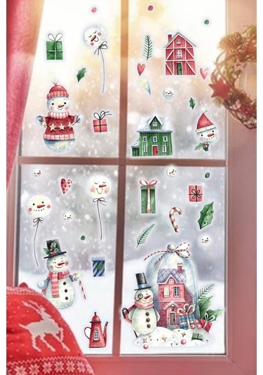 MSticker Yılbaşı Kardan Adam Ve Evleri Çocuk Odası Cam Duvar  Sticker Seti