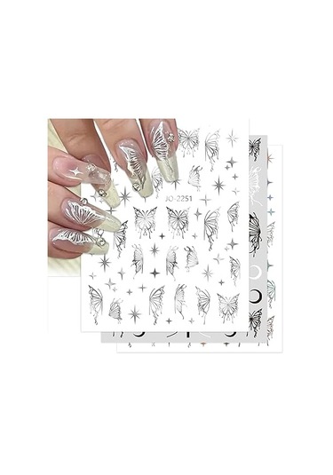 Siyah Beyaz Gümüş Haç Yıldız Ay Kelebekler Tırnak Sanatı Çıkartmaları Folyo B