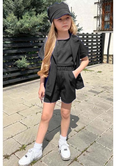 Riccotarz Kız Çocuk Kolsuz Penye Bluz Kısa Kollu Blazer Ceket Şapkalı Siyah Şortlu Takım Siyah