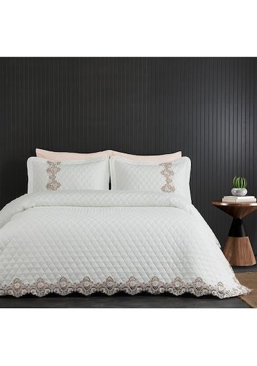 Evlen Home %100 Pamuk May Dantelli Yatak Örtüsü Çift Kişilik Elyaf Dolgulu Kapitone Pike Takımı Güpürlü Beyaz