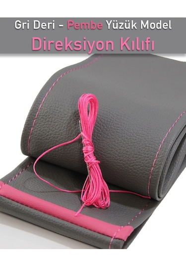 Audi A8 Gri İçin Uyumlu Özel Süper Deri Pembe Yüzüklü Dikişli Direksiyon Kılıfı