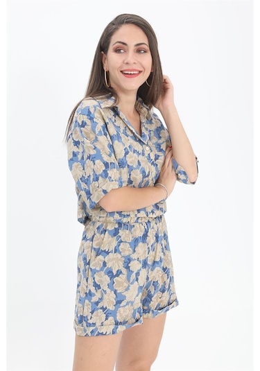 Gömlek Baskılı Kolu Duble Katlamalı - Mavi-mavi Mavi