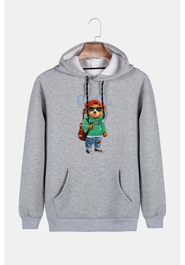 Unisex Gri Kapüşonlu Cool Ayıcık Baskılı Slim Fit Kanguru Cepli Sweatshirt Gri