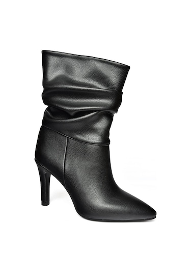 Fox Shoes R404020309 Siyah İnce Topuklu Büzgülü Kadın Bot Siyah