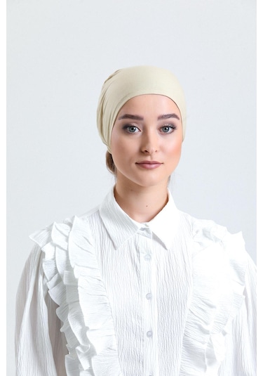 Bej Arkadan Bağlamalı Tesettür Bone Penye Kumaş Düz Bone 1011 12 Bej