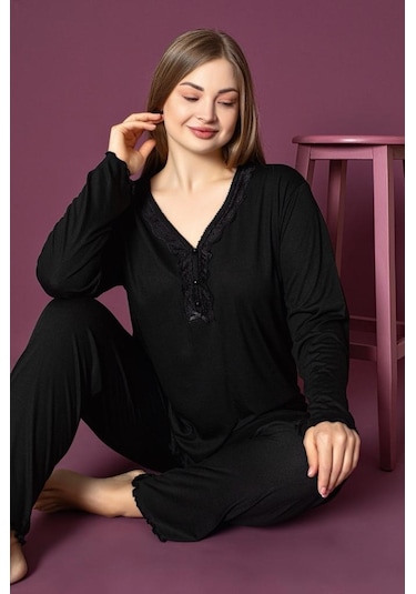 Büyük Beden Uzun Kollu V Yaka Kadın Pijama Takımı Lacivertlukitus Lacivert