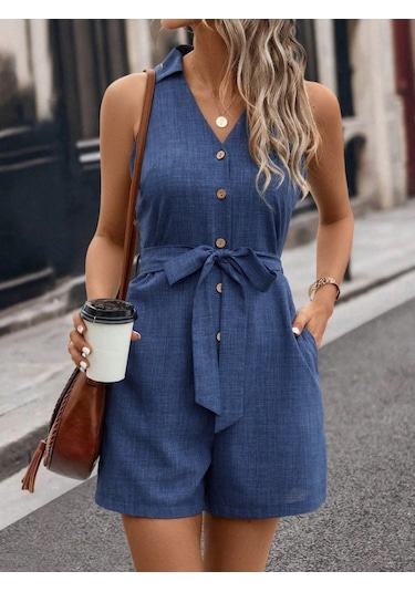 Simala Kadın Sıfır Kollu Yakalı Düğmeli Belden Kuşaklı Kısa Keten Tulum Mavi