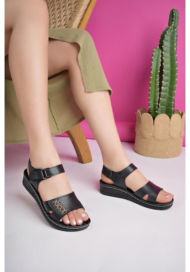 Muggo Salva Garantili Ortopedik Rahat Kalıp Deri Görünümlü Cırtlı Tek Bant Kadın Sandalet Siyah