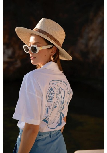 Kadın Soyut Baskılı Kısa Kollu Gömlek Frn6003 Mavi