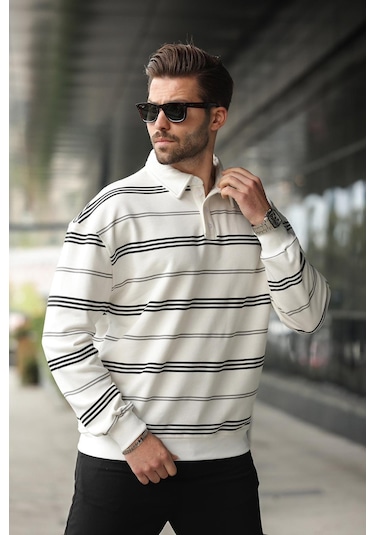 Madmext Ekru Çizgili Polo Yaka Erkek Sweatshirt E7172 Ekru