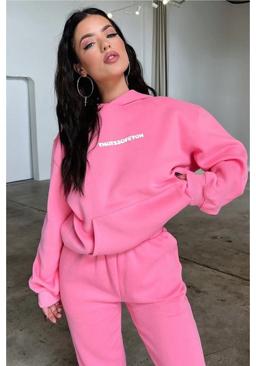 Pembe That So Fetch Eşofman Takımı - Baskılı Oversize Kapüşonlu Şardonlu Pembe
