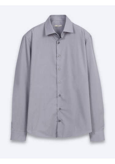 Kip Gri Regular Fit Uzun Dokuma Casual Pamuk Karışımlı Gömlek