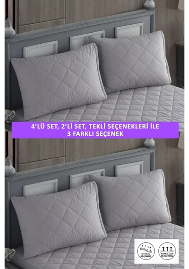 4 Adet %100 Pamuk Kapitone Fermuarlı Sıvı Geçirmez Renkli Yastık Alezi Yastık Koruyucu Gri