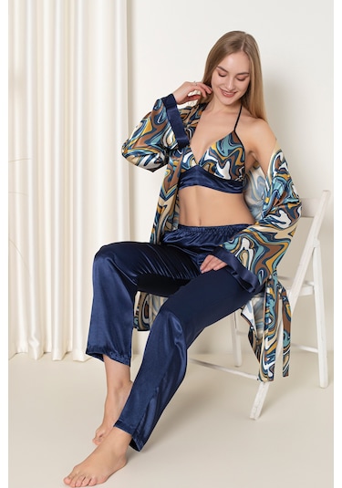 Nbb Kadın Lacivert Saten Büstiyer Gecelik Takım Lacivert