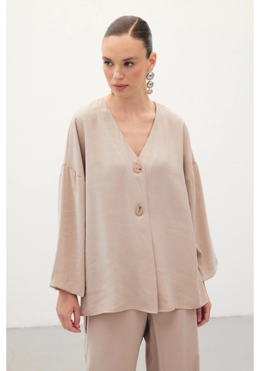Sateen Düğmeli Kimono - Taş Taş