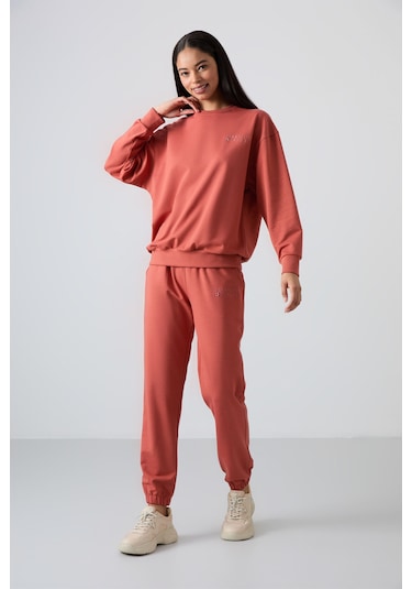 Tommy Life Tarçın Basic Pamuklu O Yaka Oversize Lastik Paça Kadın Eşofman Takım - 95287 Tarçın