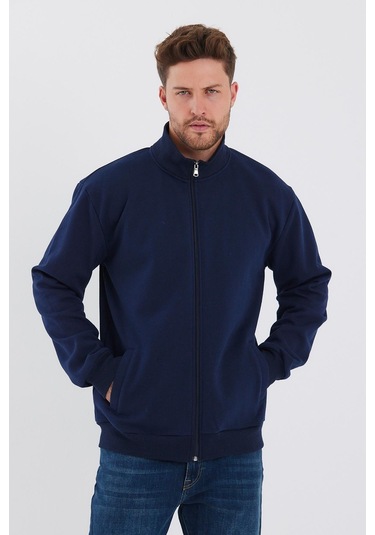 İçi Pamuklu Fermuarlı Dik Yaka Yan Cepli Erkek Lacivert Hırka 001