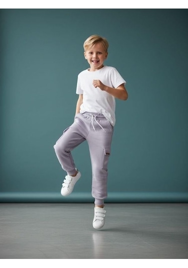 Zekids Erkek Çocuk Kargo Cepli Şardonlu Eşofman Alt-16659 Gri
