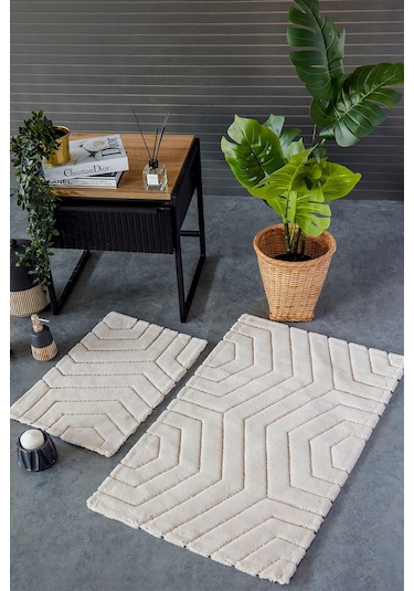 Hcw Plaid Bej %100 Pamuk Viskon 2 Parça Banyo Paspas Seti 40 60+60 100 Cm Bej