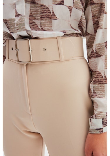 Sateen Yüksek Bel Kemerli Pantolon - Bej