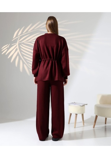 Kuşak Detaylı İkili Triko Takım Bordo