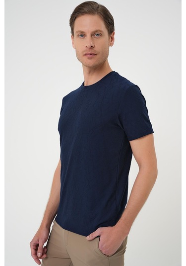 Comfort Fit Bisiklet Yaka Kabartma Desenli Casual Lacivert Tişört Ts 899 Lacivert