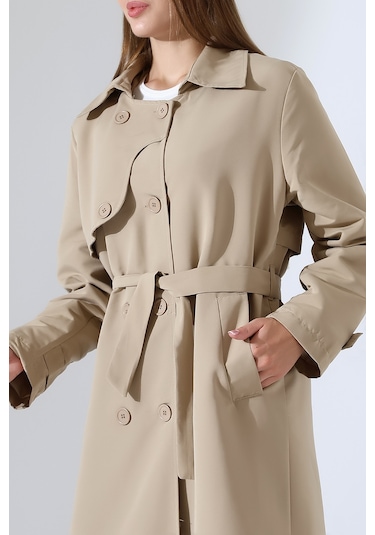 Amazon Keten Kumaş Uzun Boy Düğmeli Astarlı Yumuşak Dokulu Trenç Kot Taş Taş