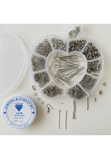 Elma Kutulu Metal Set 4 - Gümüş Küpe Kolye Bileklik Yapım Seti Mini Kargaburun