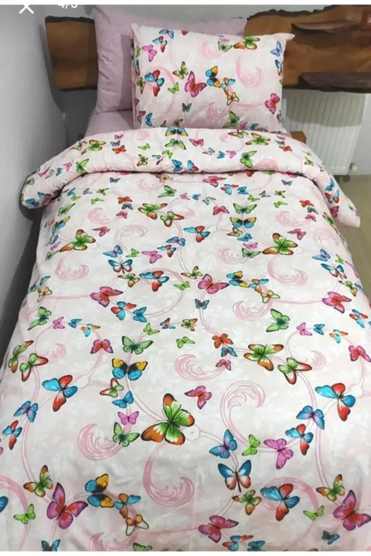 Tek Kişilik Premium Ranforce Yumuşak Dokulu Lastikli Çarşaf Takımı Pembe Kelebek