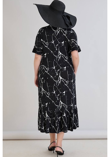 Wearon Kadın Dora Büyük Beden Volanlı Mermer Desen Siyah Elbise Siyah