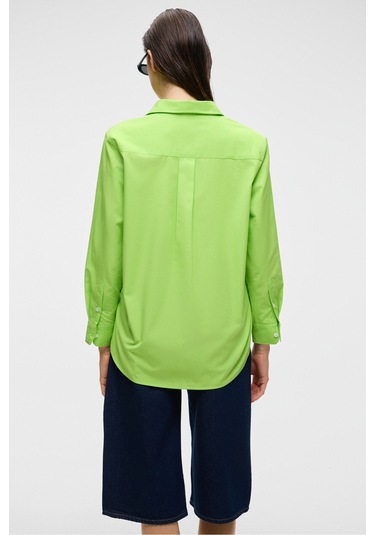 DELFINO Kadın Oversize %100 Organik Pamuk Uzun Kollu İnce Uzun Fıstık Yeşili Gömlek
