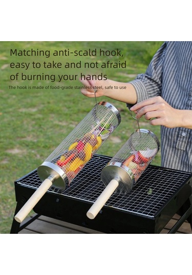 Teltree 304 Paslanmaz Çelik Kaydırmalı Mangal Sepeti, Dışarıda Bbq İçin Ahşap Saplı, Dengeli Pişirme, Çelik Çatal Ve Kanca İle Gümüş