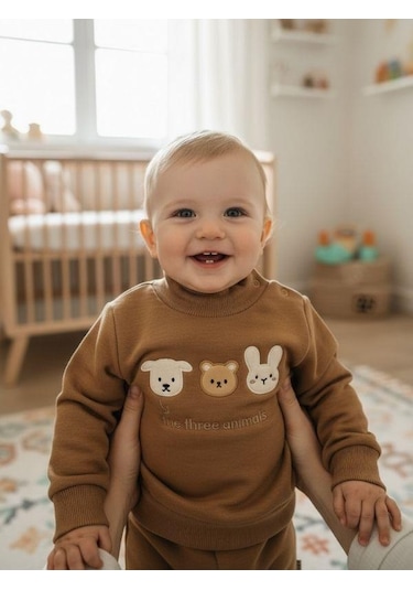 Erkek Bebek Yelekli 3 'lü Eşofman Takım-16230 Kahverengi