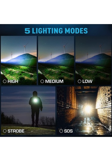 Artfulabode Yüksek Yakınlaştırmalı Xhp70.2 Siyah Şarjlı 90000 Lümen, Güçlü Led Fener, Taşınabilir El Feneri Siyah