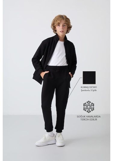 Tommy Life Siyah Pamuklu Kalın İçi Tüylü Yumuşak Dokulu Standart Fit Nakışlı Erkek Çocuk Eşofman Takım - 11240 Siyah