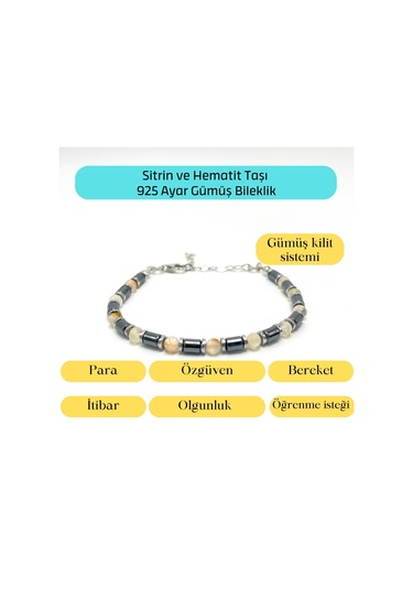 Yıldız Doğal Taş Sitrin ve Hematit Doğal Taş Gümüş Bileklik 4 MM
