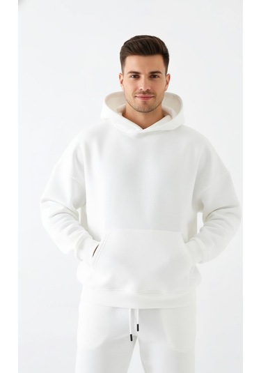 Erkek Beyaz Oversize Hoodie Sweatshirt Beyaz