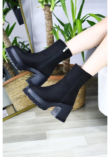 Asmi Shoes Kadın Leysi 8 Cm Platformlu Topuklu Fermuarlı Bot Siyah Süet Siyah