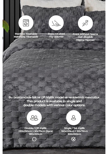 Kürk Yatak Örtüsü Yorgan Uyku Seti Tek Kişilik Çarşaflı Peluş Yumuşak Dolgulu Rody 3 Parça Antrasit