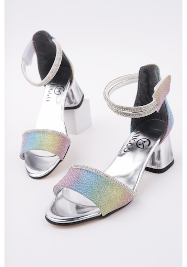 Muggo Noşa Bilekten Bağlamalı Simli Kız Çocuk Kısa Topuklu Ayakkabı Mor