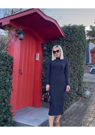 Kadın Yarım Balıkçı Yaka Süet Kumaş Fırsat Ürün Midi Boy Elbise Siyah