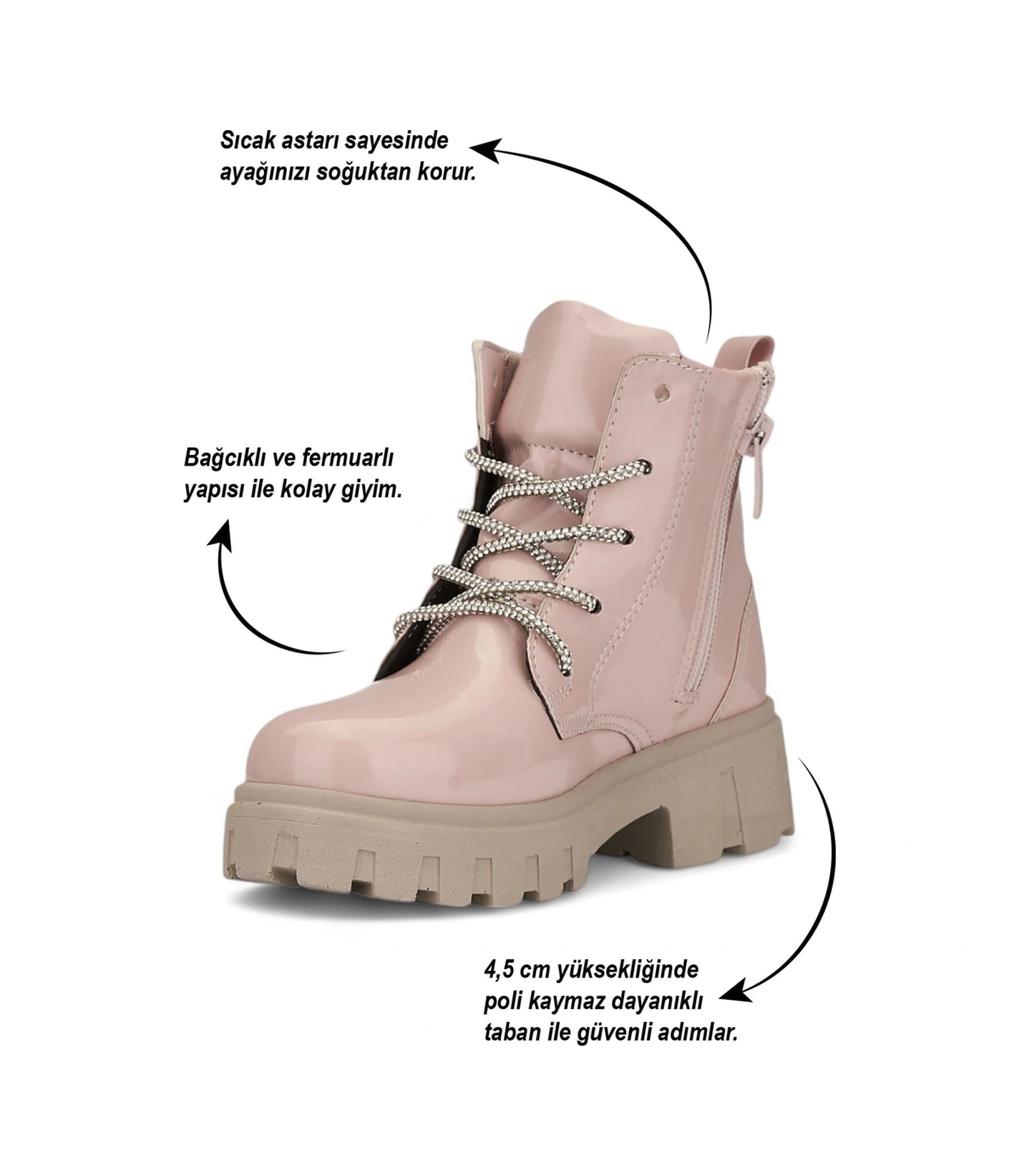 Günlük Çocuk Bot Rugan Çiçekli Taşlı Bağcıklı Fermuarlı Rugan Kalın Tıtrıklı Taban Bootie 600 Pudra - Rugan