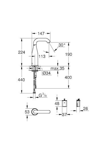 Grohe Essence E Fotoselli Lavabo Bataryası Tek Su Girişli Pilli