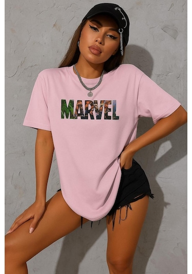 Marvel Baskılı Oversize Beyaz T-shirt Pembe