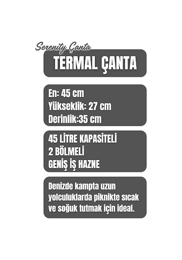 45 Lt. Termal Kamp Ve Piknik Yemek Taşıma Çantası, Soğutucu Buzluk Çanta Gri