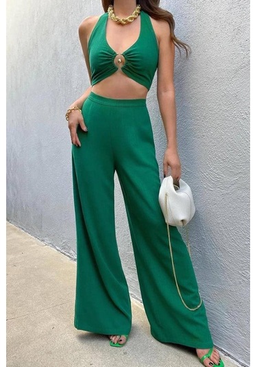 Kadın Pera Keten Kumaş Halka Detaylı Sırt Metal Fermuarlı Bel Gizli Fermuarlı Büstiyer Pantolon Takım Yeşil