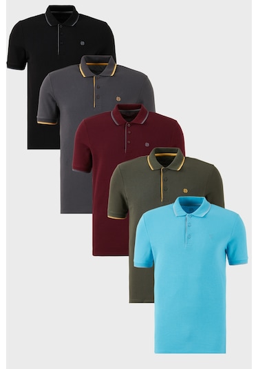 Buratti Pamuklu Slim Fit Şerit Detaylı Düğmeli Polo Yaka 5'Li Paket Erkek T Shirt 5902118S5 Siyah-Antrasit-Hakisarı-Vişne-Aquamavi